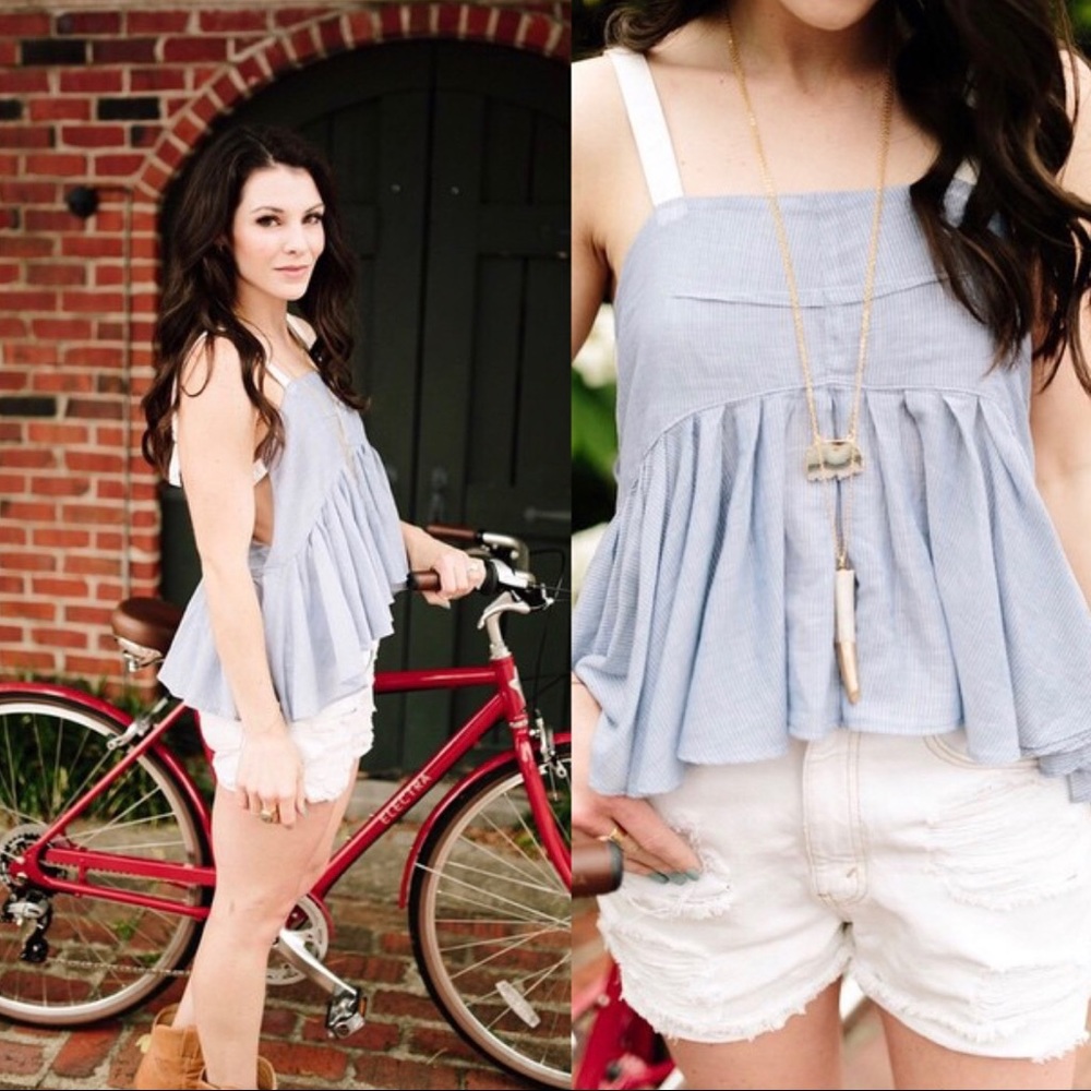 FREE PEOPLE Ruffle Top Blue White Small